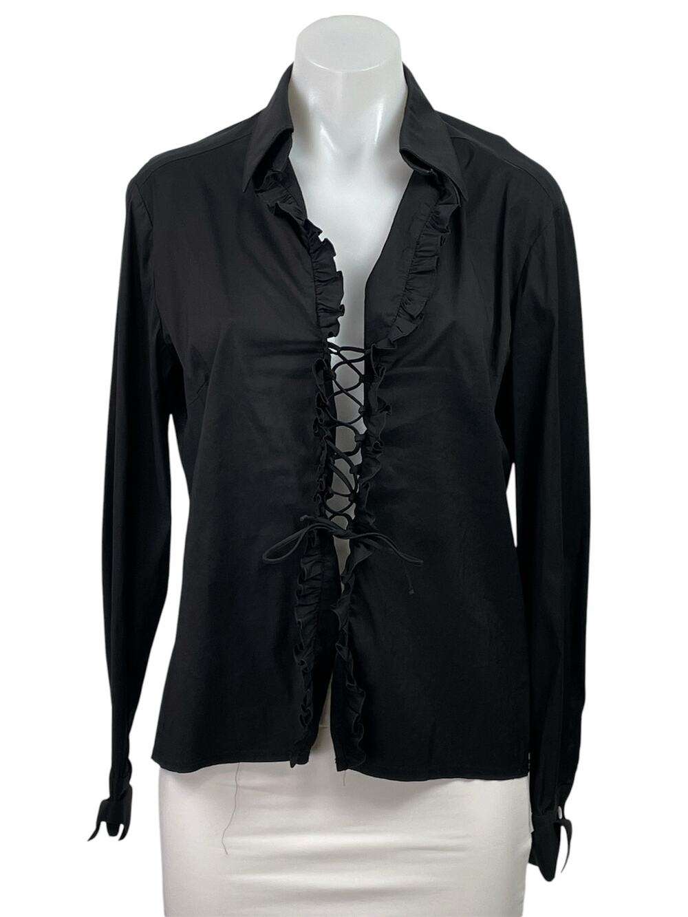 Trina Turk Women's Black Lace Up Ruffle Long Sleeve Collared Shirt Blouse Top L